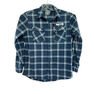 Seattle Seahawks/Antigua Mens Large Fleece Blue Plaid Button Up Shirt (G14) NWT